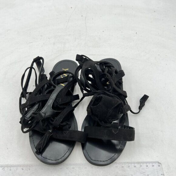 YDN Black Women Sexy Knee High Lace up Flats Fringe Low Heel Gladiator Strap - Picture 3 of 8